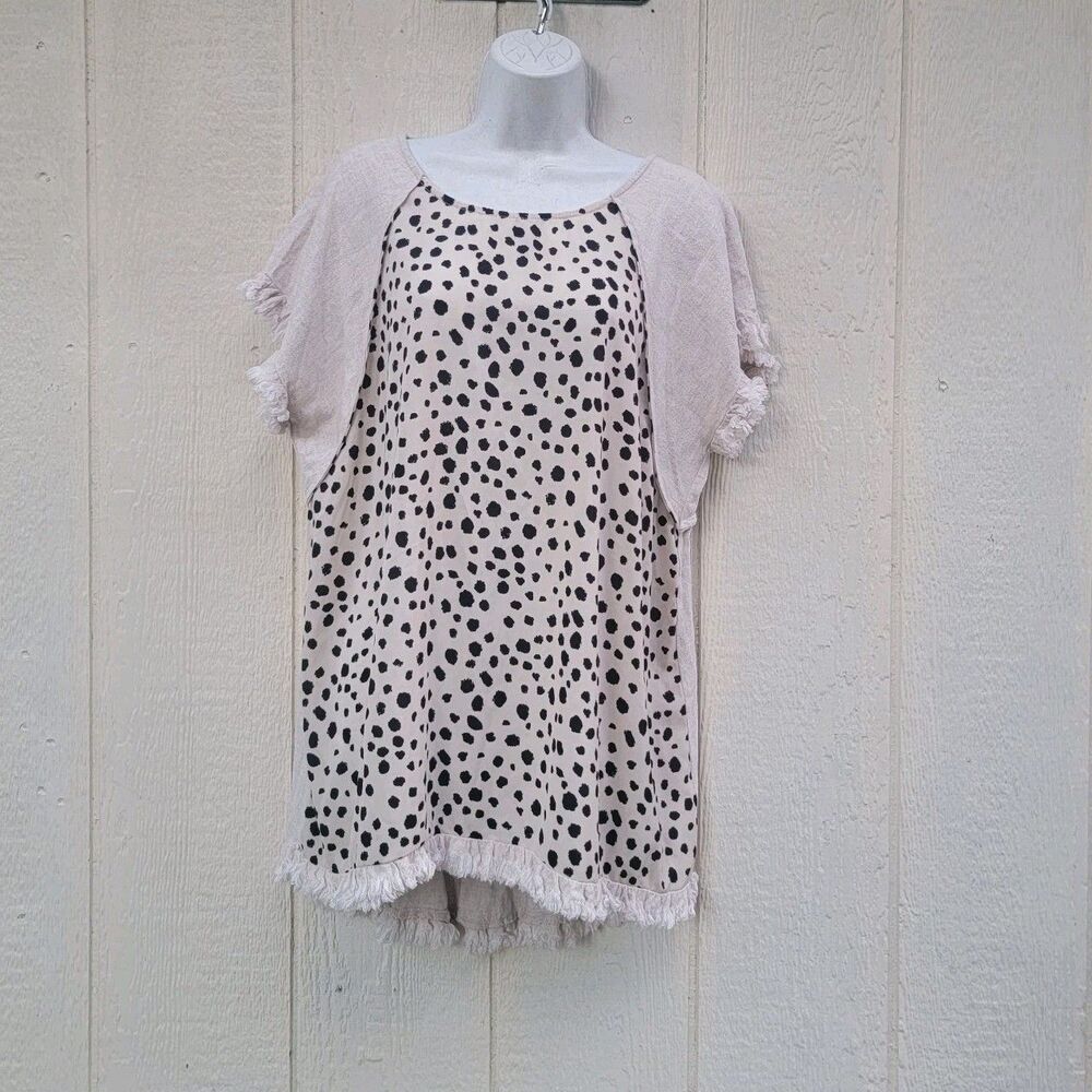Umgee linen blend animal print frayed hem top tunic dress sz L Lagenlook Beachy